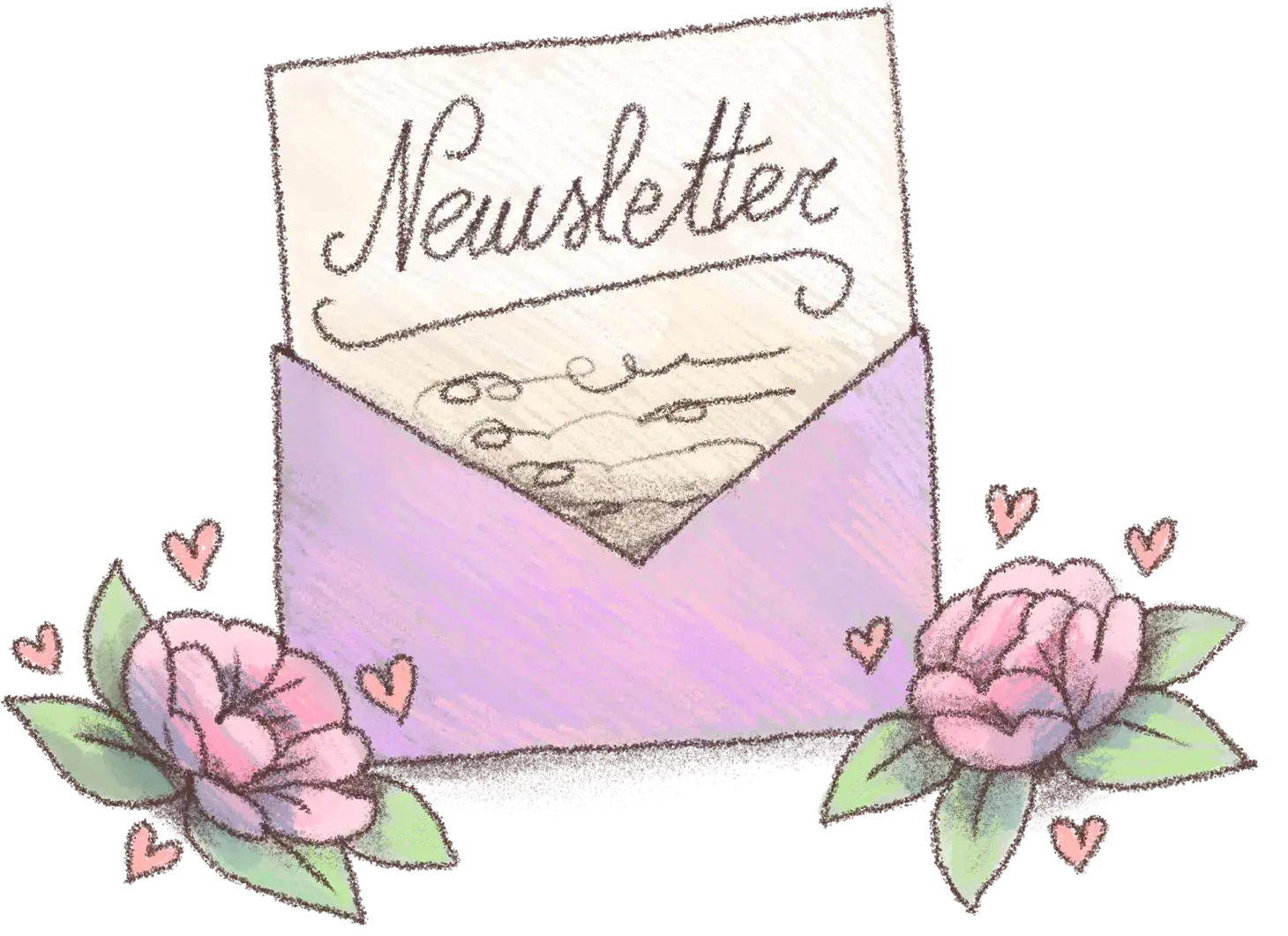 Une illustration d'une newsletter dans une enveloppe avec des fleurs et des coeurs